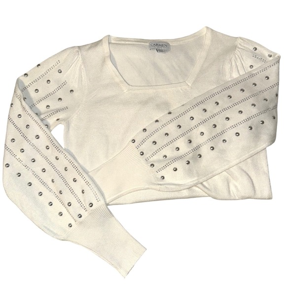 Carmen‎ Marc Valvo Cream Embellished Studded Puff Sleeve Knit Sweater Sz XS - Picture 8 of 10
